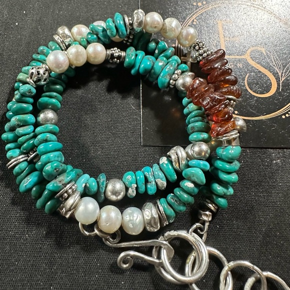 Turquoise and. freshwater pearl Baltic Amber and Sterling silver bracelet